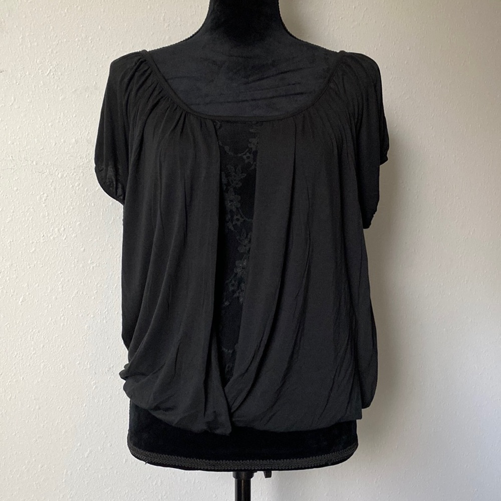 Black 2-Layer Blouse w/ Sheer Lace + Cross Tie - BONGO